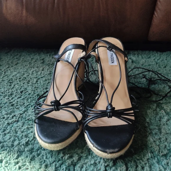 Steve Madden Starlight Black Strappy Wedge Espadrilles 9M - Picture 4 of 15